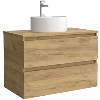 Mueble de baño Bequia 80 cm con Lavabo 100% montado de fábrica | Acabado Roble suspendido 2 cajones Cierre amortiguado Apertura con uñero | Lavabo sobre encimera | Salgar