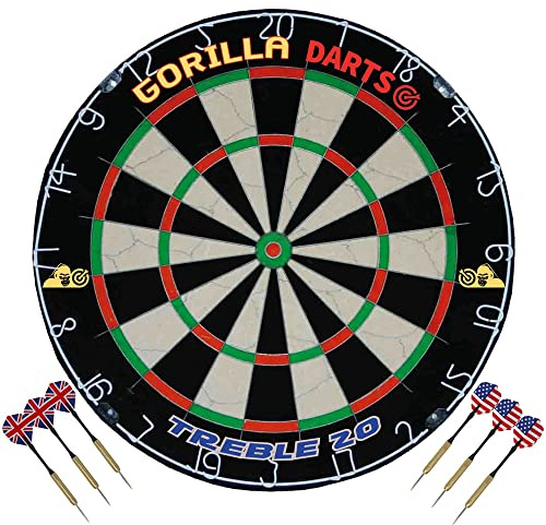 Gorilla Darts Treble 20 Dartboard Tournament Pro Quality Dart Board inc 6pcs Steel Tip Darts 100% Staple Free High Visibility Numbering