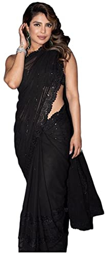 TRENDMALLS Damen Heavy Georgette Sequenz mit Doppellauf Faden Stickerei Arbeit Saree, Pitch-Black, 5.5 Mtr