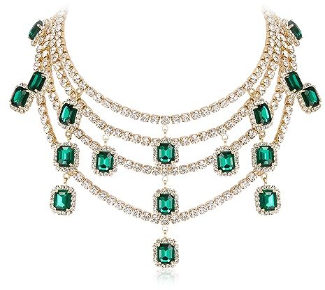 EVER FAITH Vintage Halskette Strass geschichtet klobig Kragen, Glitter Kristall Kostüm Statement Bib Choker Grün Gold-Ton