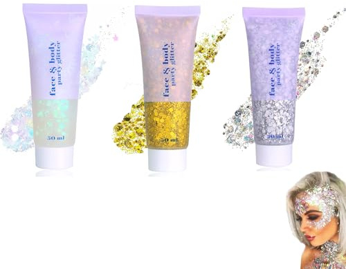 3 Stück Body Glitter Gel – Glitzer Gel für Gesicht, Haare, glitzer gesicht Lippen & Nägel – Chunky Glitter in Silber, Gold & Bunt – Flüssiger Lidschatten & Körperlotion mit Pailletten