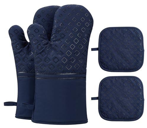 Piduules Set of 4 Oven Mitts and Pot Holders, 482 F Heat Resistant Hot Plate Moving Non-Slip Gloves for BBQ, Grill, Baking, Cooking, Oven, Microwave (Deep Blue)