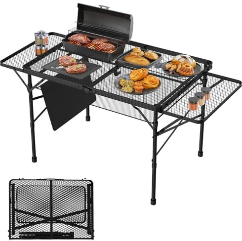 WildFinder Folding Table with 2 Wing Panels, 3x2 FT Camping Table with Mesh Desktop,Height Adjustable Folding Grill Table with Mesh Bag,Portable Outdoor Table for Picnic,Camping,BBQ,Beach(Black)