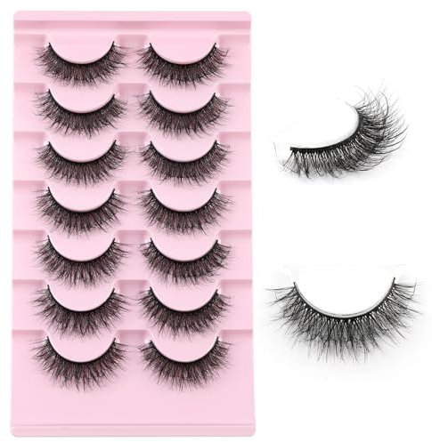 Kiusatig Pestañas Postizas Naturales 7 Pares Cat Eye Lashes 3D Wispy Pestañas esponjosas Reutilizables False Lashes Fluffy Faux Mink Eyelashes(M04)