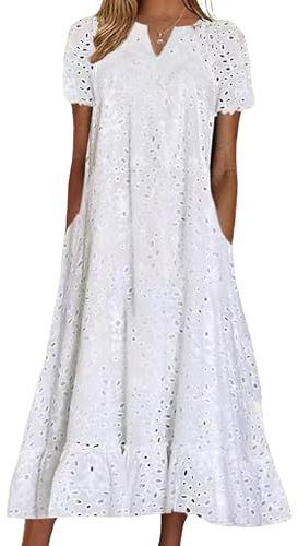 chouyatou Women Summer Ruffle Hem Floral Lace Eyelet Dress Casual Notch Neck Midi Tunic Dress with Pocket (Medium, White)