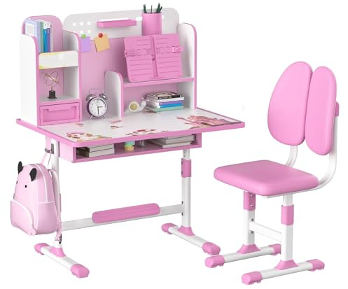 blodfune Bureau Enfant Ergonomique, Bureau Enfant Règlable en Hauteur avec Tiroirs de Rangement et Étagères(Rose)
