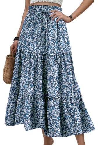 EMOTTOS Faldas largas de Verano para Mujer, Cintura Alta elástica, Dobladillo Suelto con Volantes, línea A, Bohemio, Vintage, Playa, cordón Decorativo, Falda Larga Plisada Azul, M