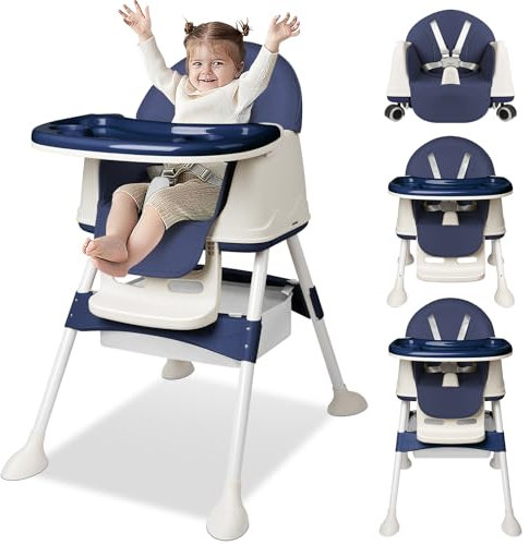Baby Hochstuhl mit Tasche & 5 Rollen – Höhenverstellbar, abnehmbares Essbrett & 5-Punkt-Sicherheitsgurt – Für 6 Monate bis 6 Jahre – Platzsparend & Mobil – Blau