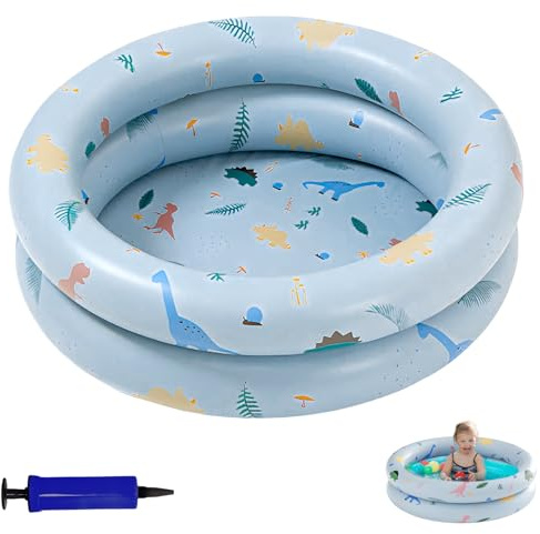 SilverChry Piscine Enfant, Piscine Pataugeoire Bebe, Piscine Gonflable Enfant, Piscine Gonflable à Double Anneau en PVC Premium de Qualité avec Fond de Bulle de Sécurité Gonflable (Dinosaure Bleu)
