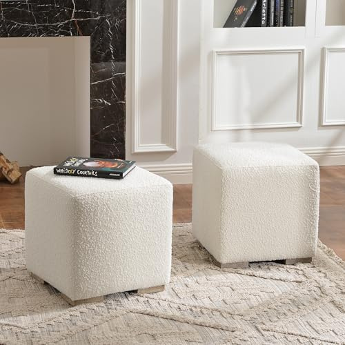 KINWELL 18.5 Wide Modern Square Boucle Upholstered Ottoman with Solid Wood Legs Set of 2, Cube Ottoman Multi-Functional Sofa Footrest, Extra Seating for Living Room, Bedroom, Fully Assembled (White)
