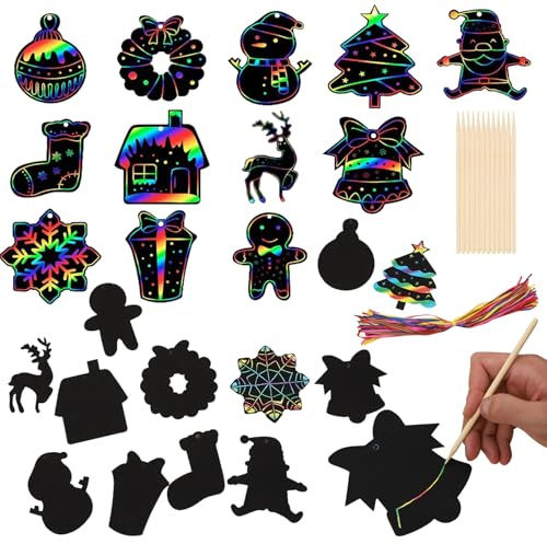 CHUNLINLAODA 36 Pièces Noël Papier à gratter Noël Images à gratter Noel Kits de Scratch Art pour Enfants Comprend Un Rubans Colorés Stylet en Bois (Multicolore A)