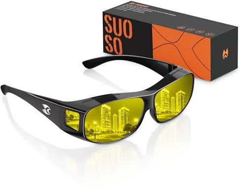 suoso Night Driving Vision Glasses Fit Over Eyeglasses for Men Women, Anti Glare Polarized Nighttime Glasses HD Yellow Lens