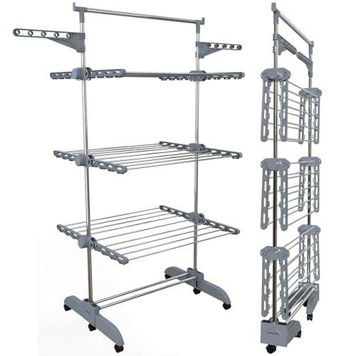 PORTENTUM Stendino verticale salvaspazio pieghevole 14 cm 5 livelli – 58 ganci per appendini – Fino a 40 kg – Stendibiancheria 24 barre acciaio inox – Uso interno ed esterno – Ruote girevoli con freno