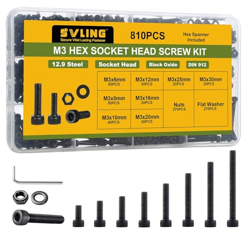 SVLING 810Pcs M3 Screws Assortment Kit,Hex Socket Head Cap Screws Bolts Nuts Washer Set,12.9 Grade Alloy Steel,Black Oxide M3 x 6/8/10/12/16/20/25/30mm,for 3D Printer,DIY Project