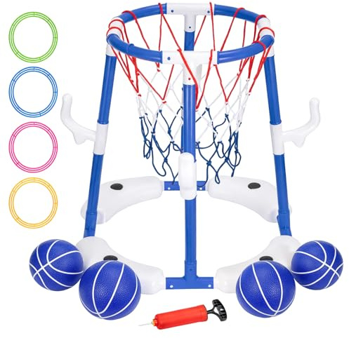 Schwimmender Pool-Basketballkorb, geeignet für Kinder und Erwachsene, inklusive 4 Poolbällen und einer Luftpumpe, aufblasbares Basketball-Spiel für den Pool Pool-Spielzeug-Basketballkorb (Blau)