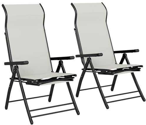 Outsunny Pack de 2 Sillas Plegables Reclinables, Sillas de Jardín Exterior con Respaldo Alto Curva Ajustable en 5 Posiciones, Reposapiés Retráctil y Marco de Metal, para Patio, Playa, Gris Claro