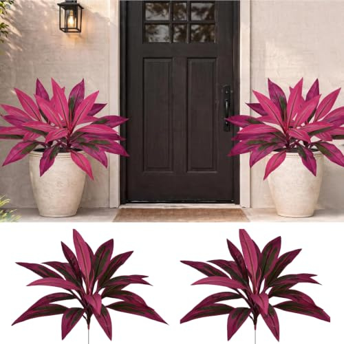 2Pcs Artificial Dragons Blood Plant for Indoor & Outdoor Garden Patio Decor | Boston Fern,UV Resistant No Maintenance,Fake Greenery Red Fern Plants,Vibrant Pink & Purple Faux Foliage,Balcony & Home