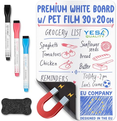 Tableau blanc magnétique effaçable à sec pour réfrigérateur - A4 / 30 x 20 cm - Anti-taches avec 3 marqueurs et une grande gomme aimantée - par Yes4Quality