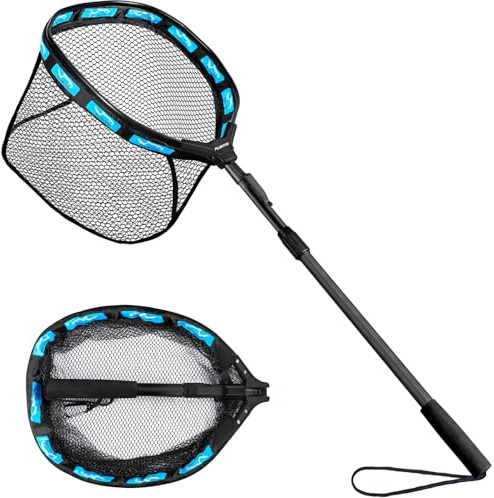 PLUSINNO Fishing Net Fish Floating Landing Net, Kayak Nets with Fixed Foldable Telescopic Pole Handle, Bass Trout Fishing Nets with Nylon Mesh for Pond Lake River, Fishing Gear Gifts for Men,Blue 1.5M