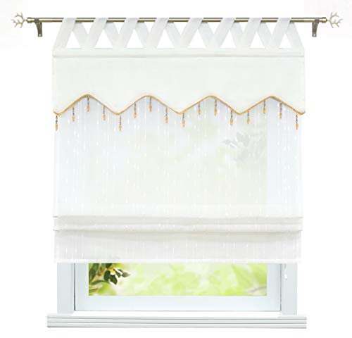 ESLIR Raffrollo mit Schlaufen Raffgardinen Transparent Küche Gardinen Landhausstil Schlaufenrollo Leinen Weiß BxH 120x140cm 1 Stück