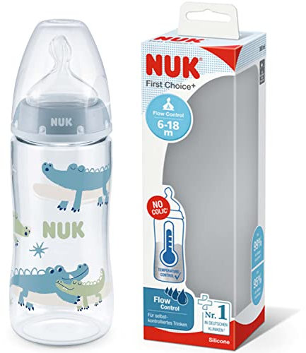 NUK First Choice+ Baby Bottle - 6-18 Months - Temperature Control - Flow Control - Anti-Colic Aeration System - 360ml - BPA Free - Silicone Teat - Crocodile (Blue)