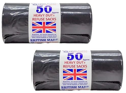 100 Heavy Duty Refuse Sacks Extra Strong Rubbish Bin Liner Waste Large Black Dustbin Bags Roll Everyday Use Tear Resistance Recycled 100L Capacity