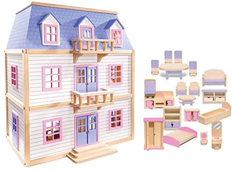 Melissa & Doug Wooden Multi-Level Dollhouse Wooden Multi-Story Pretend Play Dollhouse for Kids