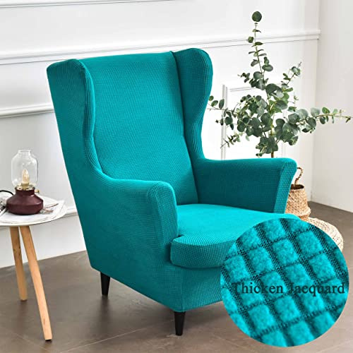 Highdi 2-Pezzi Copripoltrona con Orecchie Elasticizzato, Tinta Unita Jacquard Addensare Strandmon Copridivano da 1 Posto con Fodera per Cuscino, Lavabile, per Soggiorno Camera (Turchese)
