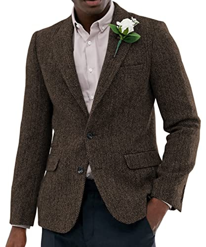 Traje Hombre Tweed Blazer Lana Chaqueta Deportiva de Espiga Fina de Botonadura Sencilla（3XL, Café）
