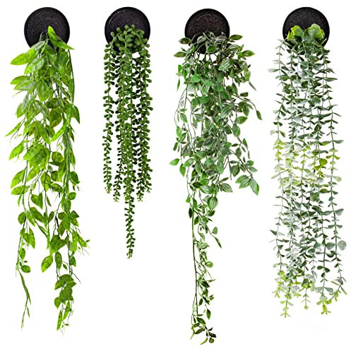 Künstliche Hängepflanzen, 4 Stück, künstliche hängende Mandala, Eukalyptus-Rebe, Perlenschnur, Erbsen-Blätter für Zuhause, Zimmer, Wandregal, Terrasse, Garten, Kunststoff, grüne Dekoration mit Topf