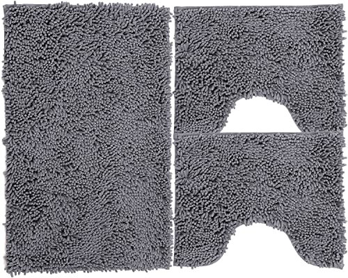 Juego de alfombrillas de baño 3 piezas de microfibra, alfombra de pelo largo 50 x 80 cm, 2 alfombrillas para inodoro y al agua, forma rectangular, 40 x 50 cm, suave, antideslizante, Gris Oscuro