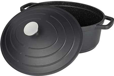 Commichef Cocotte Ovale, Plat Ovale Pour Casserole, Noir, Aluminium Coulé, Avec Couvercle, 32cm, Capacité de 5,8 L, Convient Pour le Four et Tous les Types de Plaques de Cuisson, XO-632BK