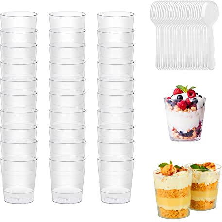 Vasitos Aperitivos Plastico, 50 Piezas Vasitos para Aperitivos, 55ML Vasitos para Postres con 50 Piezas Cucharas, Reutilizable Vasos para Postres Adecuado para Hogar Fiesta Boda Festival Picnic