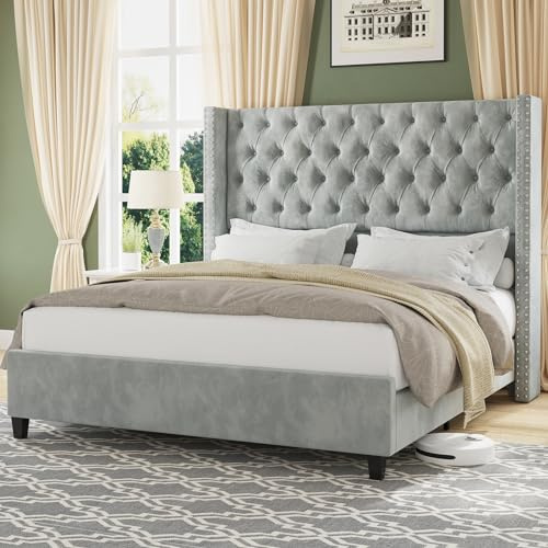 Jocisland Queen Size Bed Frame with 51.6” Wingback Tufted Velvet Headboard, Modern Upholstered Platform Bed, No Box Spring Needed, Easy Assembly, Light Grey