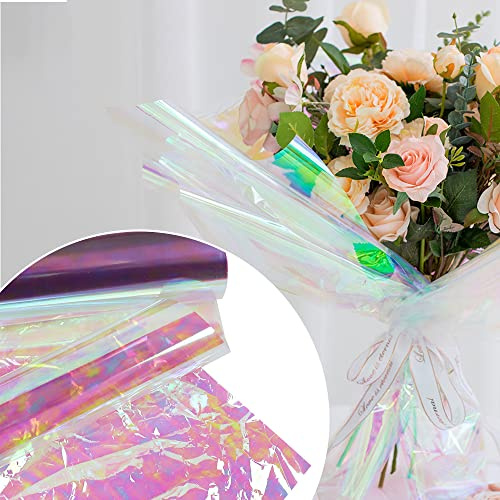 QUCUMER 10 Sheets Cellophane Wrap Paper, 50 * 50cm Iridescent Film Paper Florist DIY Flower Bouquet Wrap Holographic Foil Gift Wrapping Paper Rainbow Foil Laminate for Gift Wrap DIY Arts Crafts