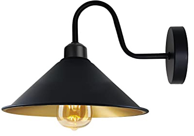 LEDSone Vintage-Wandleuchte, Vintage-Wandlampe, E27-Sockel, Schraubsockel, industrielle Wandmontage, Schwanenhals, kegelförmiger Schirm, Wandleuchte [Energieklasse A] (Schwarzes Innengold)