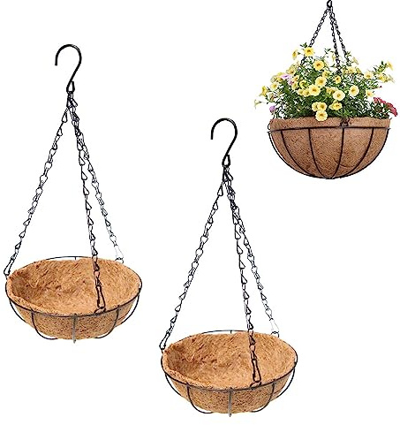 Zillary 2 cestas colgantes de coco, para exteriores, cestas colgantes de metal, con inserto de coco, para decoración de jardín interior y exterior (21 cm)