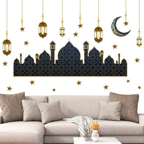 Ramadan Aufkleber Wanddekoration, Aufkleber Dekoration für Wand Ramadan, Gold Mond Stern Islamische Wanddekor-Aufkleber, 3D Wasserdicht DIY Wandaufkleber für Muslimische Partys Fensteraufkleber (B)