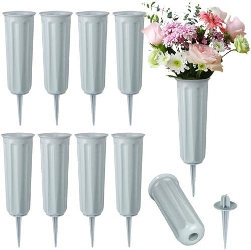 Cemetery Vases Memorial Flower Vase Plastic Flower Holders with Spikes for Flowers Headstones Cemetery Grave Decoration (10, Grey), Flower is not Included