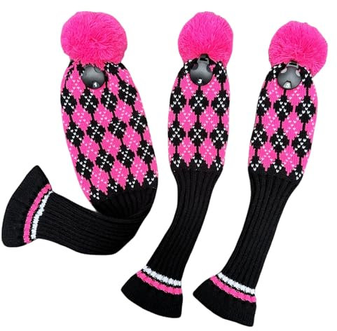 3 x gestrickte rosafarbene Golfschlägerhauben für Golfschläger 3 5 Fairway-Hölzer, Pom Pom Golfschlägerhauben für Fahrer, 3 5 Hölzer Frauen