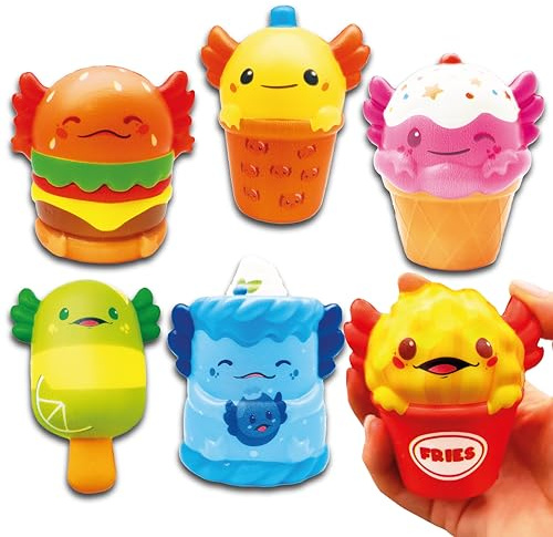 Lavatelli 6-delat set – present till barns födelsedag, Squishy Toys Axolotl 8 cm Kawaii spel, prylar, souvenirer och presentidéer för pojkar och flickor