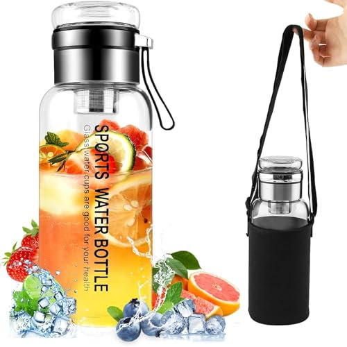 LPAMABA Borraccia in Vetro Borosilicato con Filtro in Acciaio Inox,Bottiglia con Infusore per Tisane da 1Litro,Borraccia da Campeggio con Protezione e Coperchio per Bevande, Succhi di Frutta