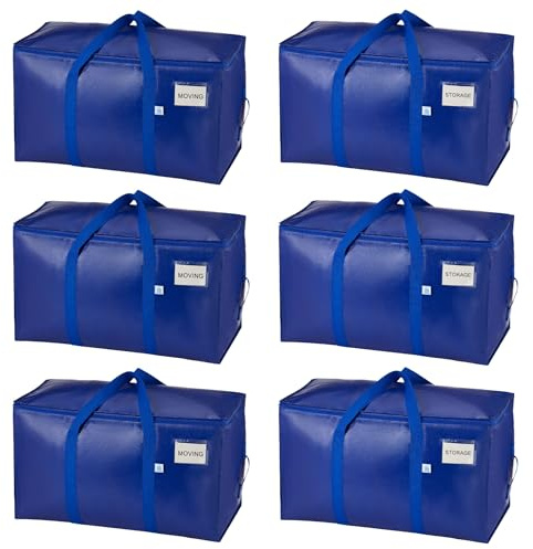 VENO 6er-Pack XXL Umzugstaschen, Stabile Aufbewahrungstasche mit Reißverschluss & Tragegriffen, Faltbare Alternative zu Umzugskartons, Kleideraufbewahrung für Umzug & Bettwäsche (Blau)