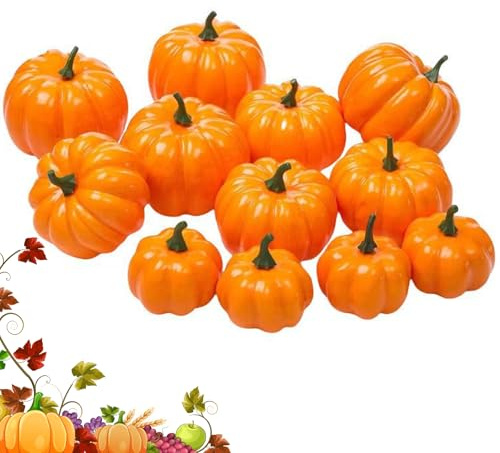 12 Pcs Artificial Pumpkins, Mini Fake Pumpkins, Realistic Autumn Pumpkin Decorations Plastic Pumpkins Foam Simulation Pumpkins Harvest Pumpkins for Halloween Thanksgiving Autumn Harvest Decorations