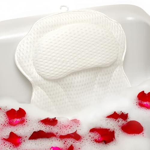 LAVISMA Luxury Bath Pillow for Bathtub - Comfortable Head, Neck & Back Support Spa Pillow - 4D Mesh Cushion with 6 Suction Cups - Fits all Bathtubs, Hot Tubs & Spa Tubs - Quick-Dry Bath Pillow White