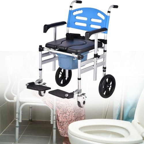 WEIMILOR Chaise de Douche à roulettes 3 en 1, Chaise percée de Chevet rembourrée et Pliable, Fauteuil Roulant, Hauteur réglable, Seau Amovible avec roulettes, accoudoirs relevables
