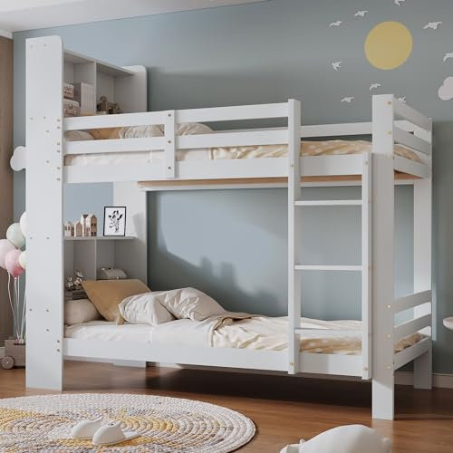 Moimhear Etagenbett mit Regalen und dreistufiger, rechtwinkliger Leiter, Stauraum-Holzbett, Bettrahmen aus Massivholz, Weiß, 90x200 cm