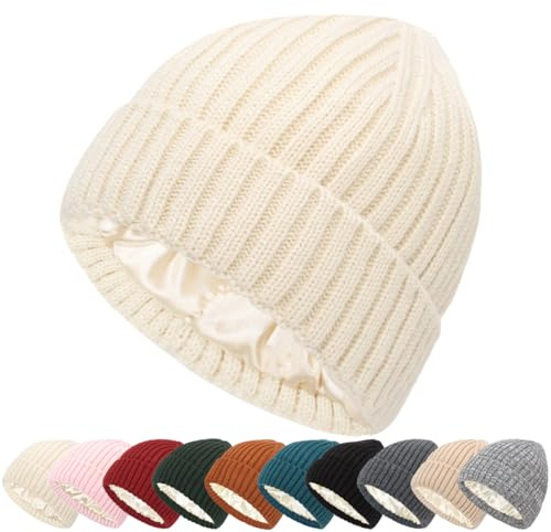 Mangroo Satinfodrad antistatisk mössa för kvinnor vinter 2 lager stickad mössa hätta hårskydd sovmössa, BEIgE, one size