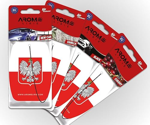 Polen Duftbaum Autoparfüm Flagge Poland Lufterfrischer 4er Pack – New Car, Black, Vanille, Kirsche (Probierset)