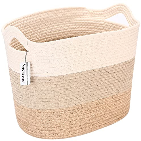 Sea Team Cesta pequeña para ropa de algodón de lino trenzado con asa para ropa, toallas, juguetes, cesto para la ropa para salón o dormitorio, 30 x 41 x 51 cm